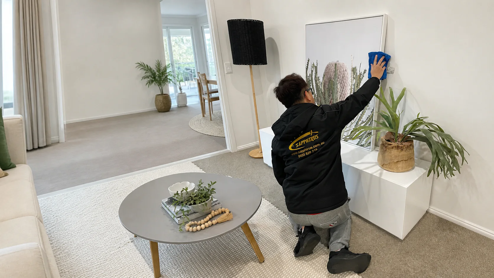 A Sapphirus team member cleaning a Melbourne home
