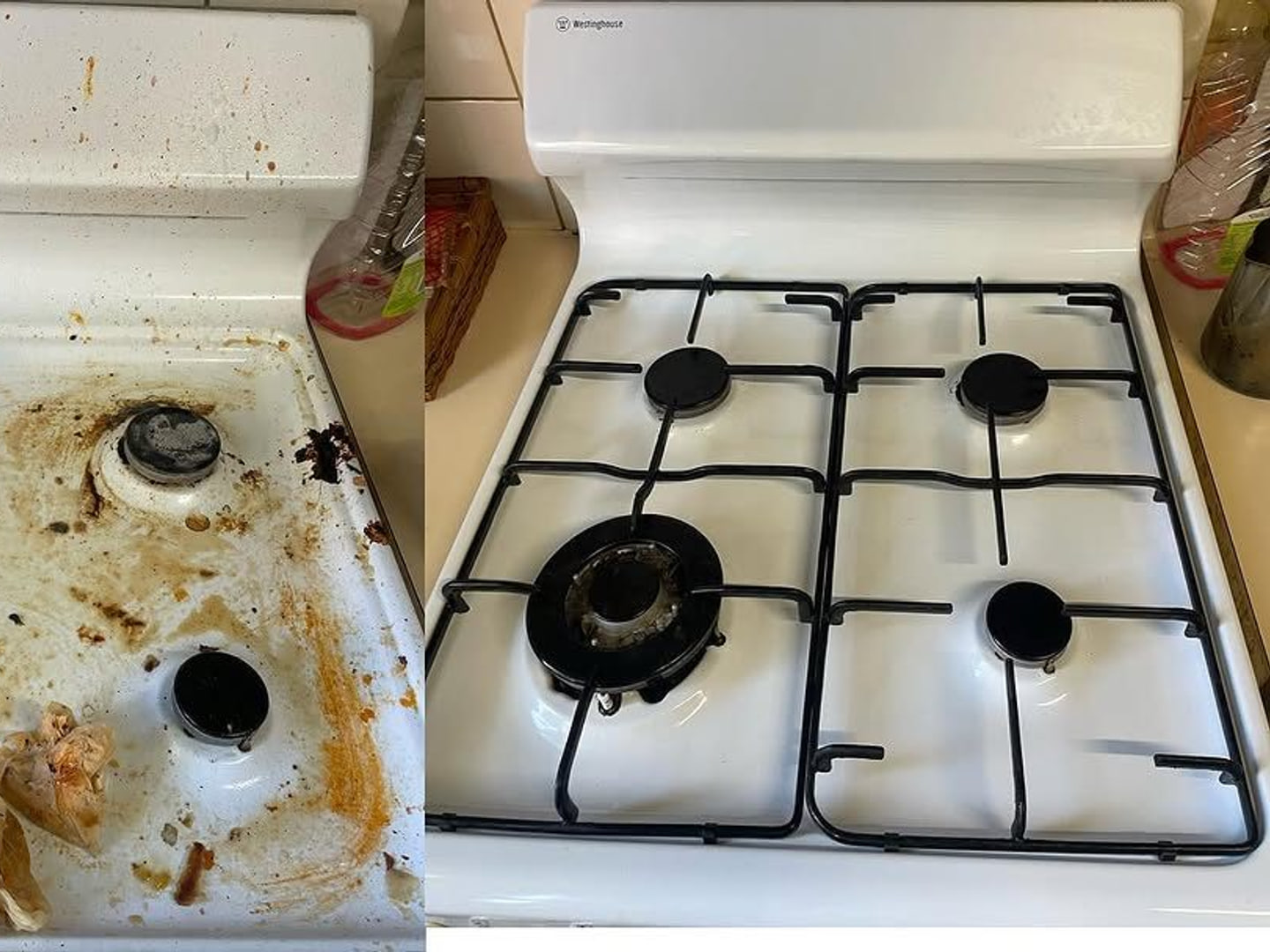Cooking surface shown before and after detailed cleaning